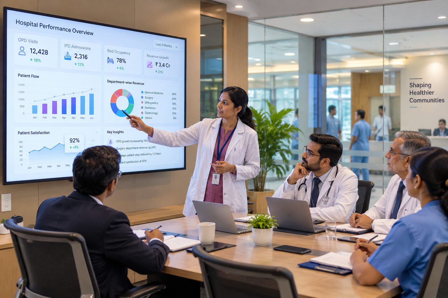 Doctor presenting a hospital performance dashboard to the management team