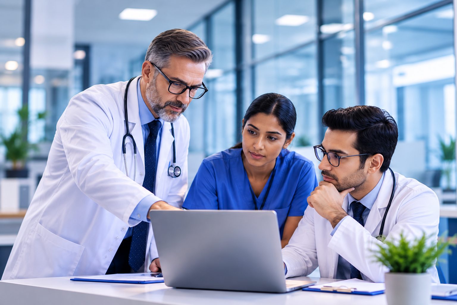 Doctors reviewing hospital data on a laptop