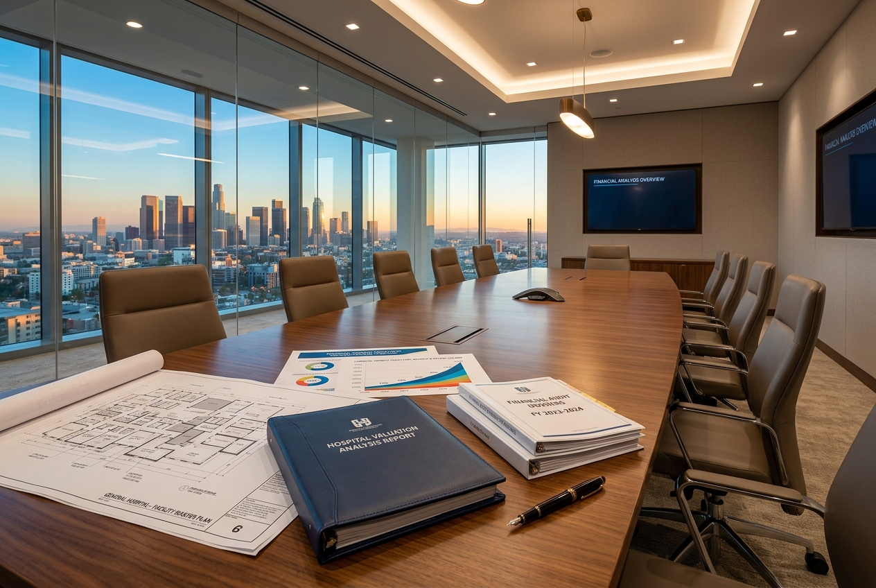 Executive hospital boardroom and valuation audit workspace